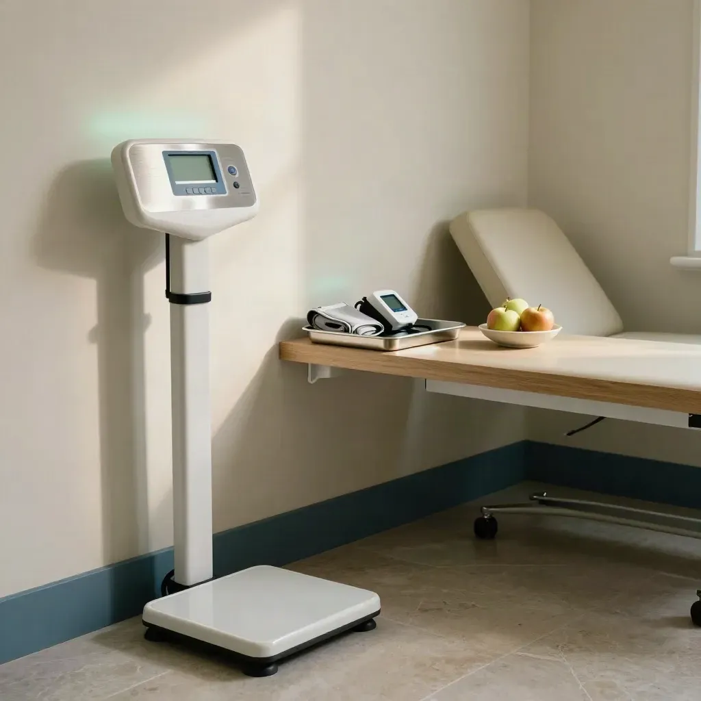 Empty adult health-check room with scale, wall cuff, diagnostic tray and apples.
