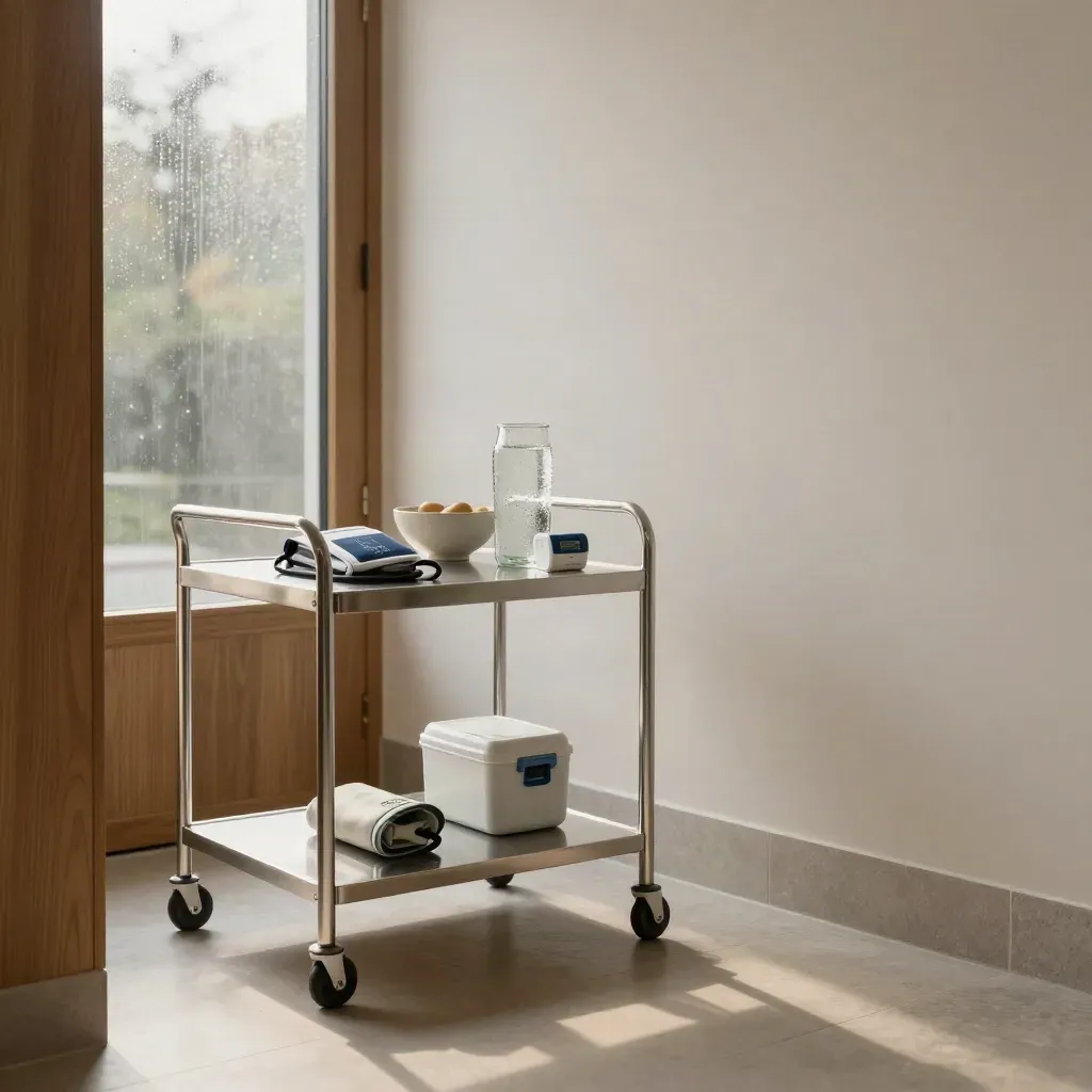 Moody clinic interior with screening trolley, wellness kit, and rainlit morning haze.