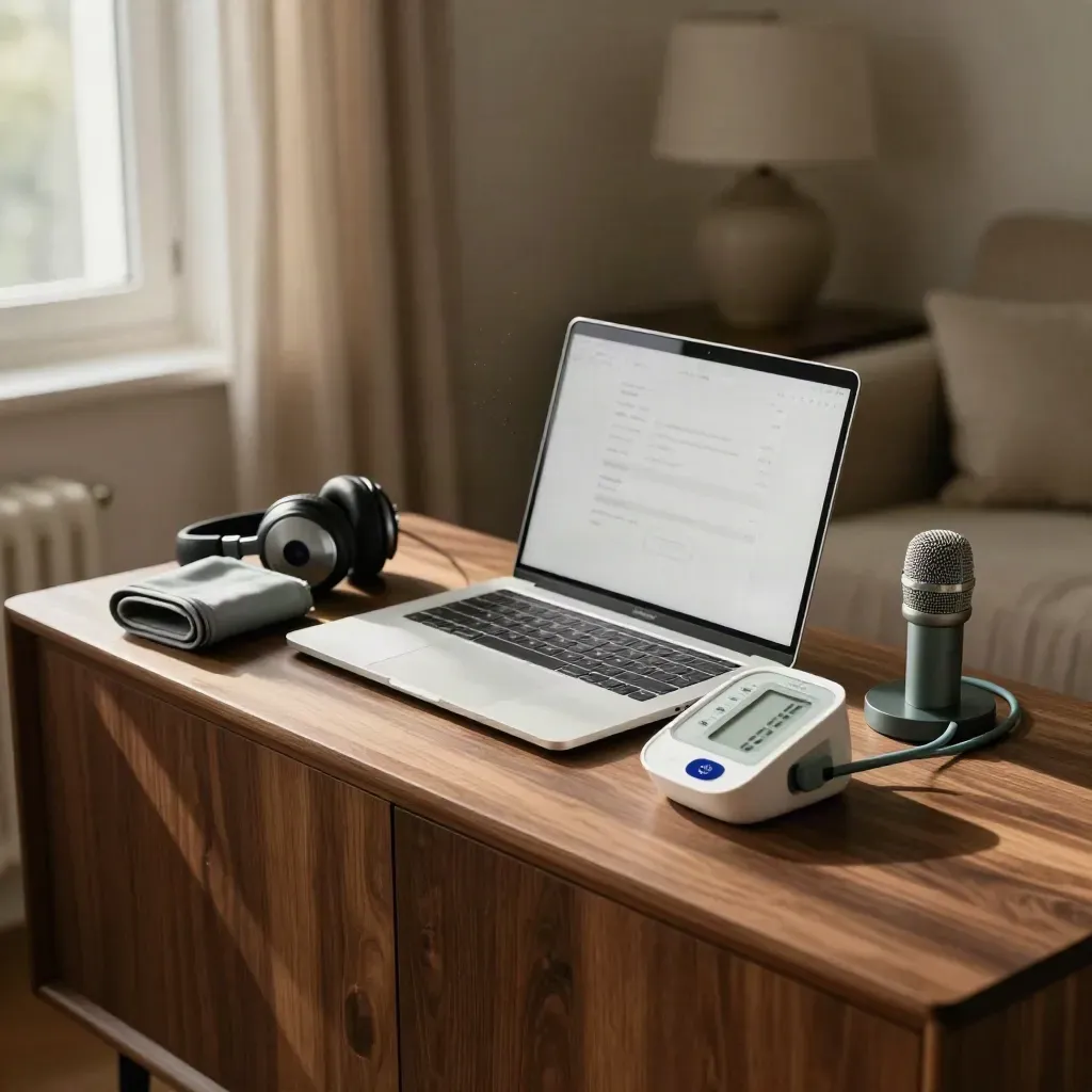 Telehealth nook with laptop, headset, blood-pressure monitor and mic in a cozy window-lit room