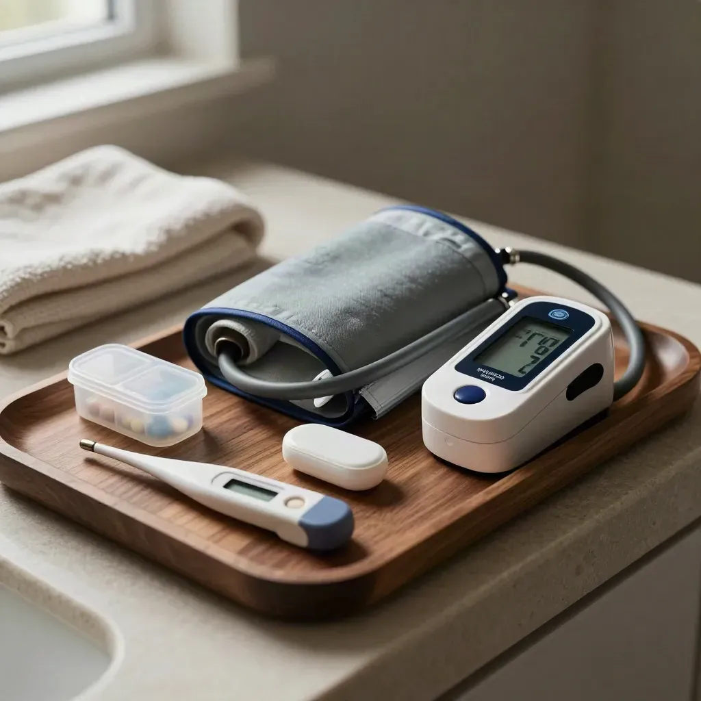 Open blood-pressure cuff beside pulse oximeter, pill organiser and thermometer on a walnut tray