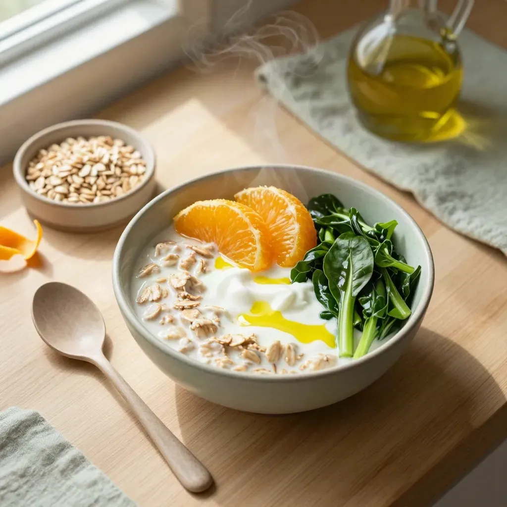 Overhead breakfast bowl with oats, citrus, greens, yogurt and olive oil on pale oak