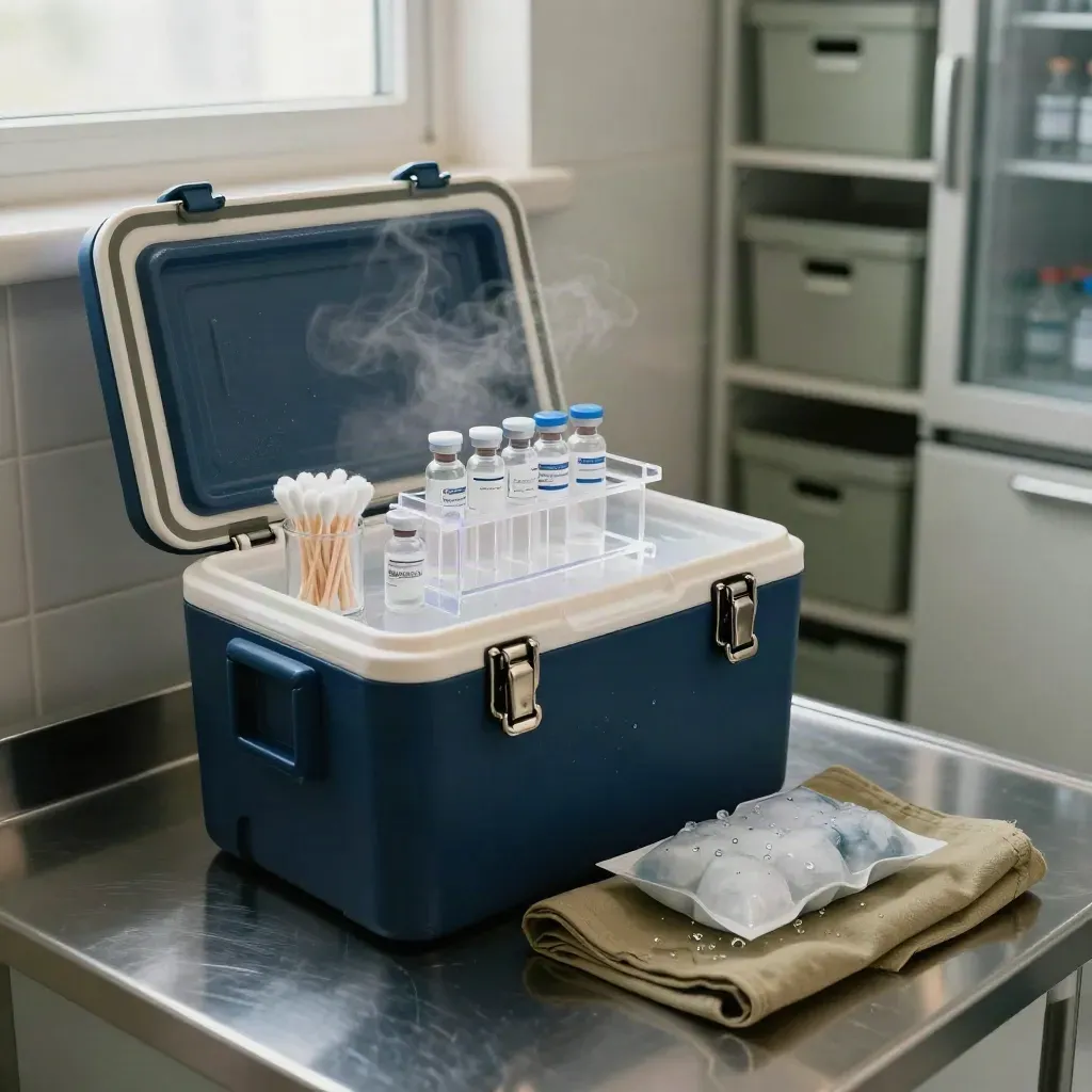 Open vaccine cooler with vial rack, cotton swabs and ice pack in a clinical prep room.