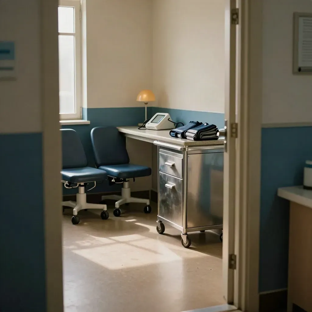 Empty workplace screening corner with closed trolley, cuff sleeves and reset chairs in warm afternoon light