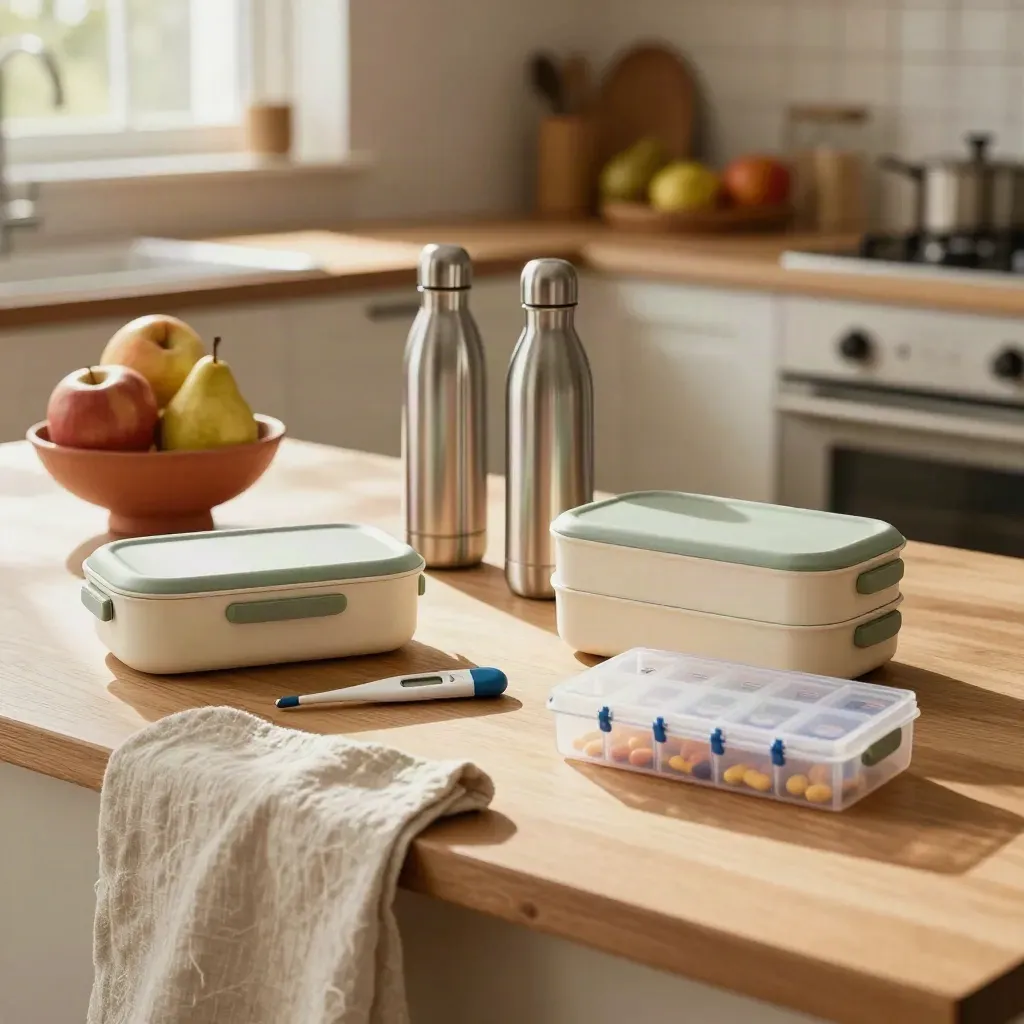 Sunlit family wellness items on a diagonal kitchen island with lunchboxes, bottles, fruit and pill organiser.