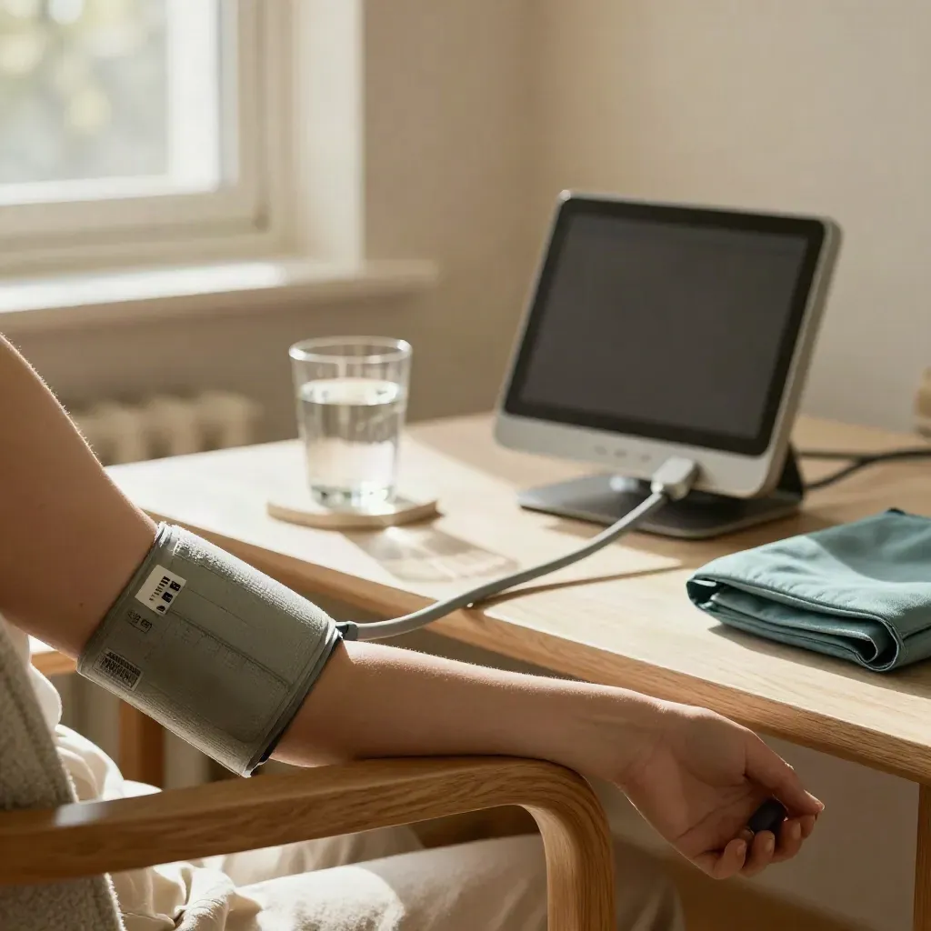 Blood pressure monitor, relaxed cuff, armchair and water glass in a warm morning room.