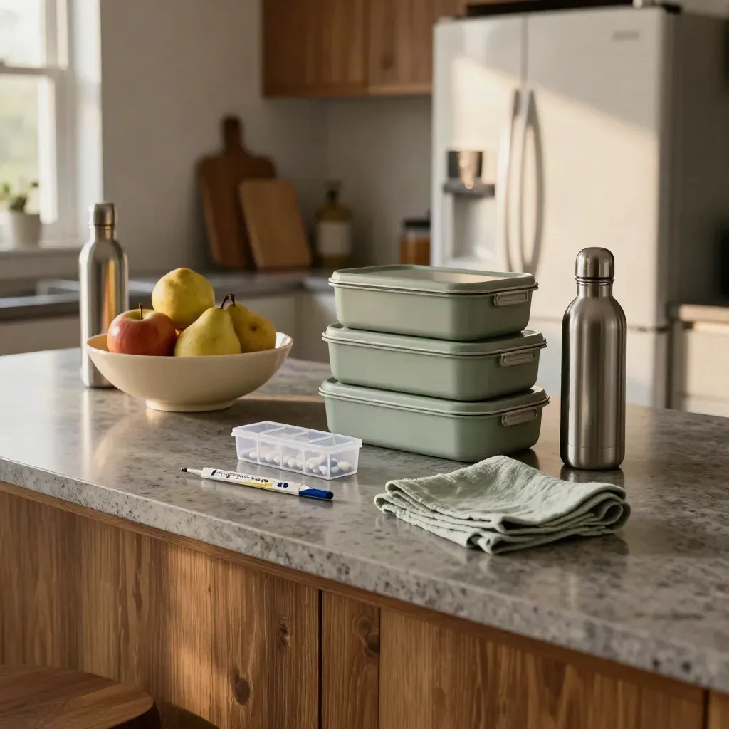 Moody family kitchen with lunchboxes, fruit bowl, water bottles, pill organiser and thermometer