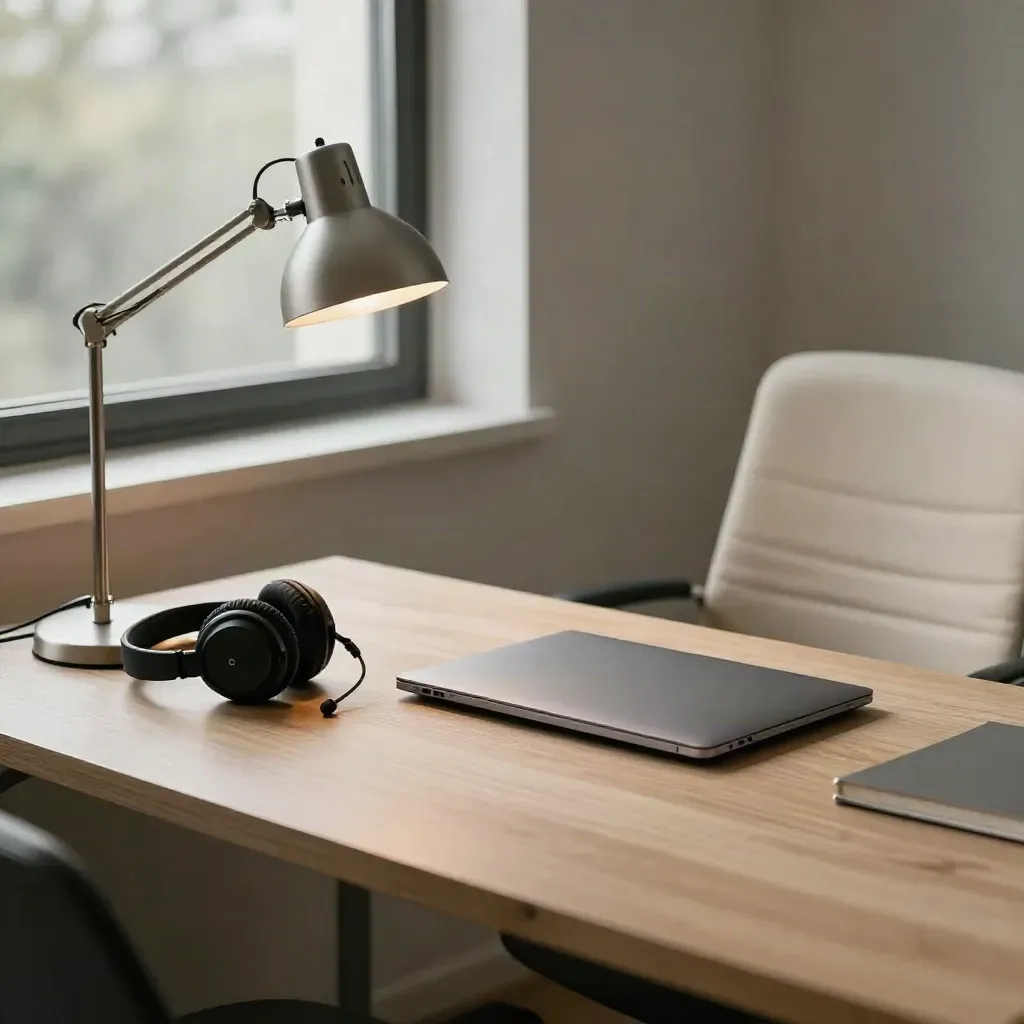 Empty telehealth desk with closed laptop, headset, microphone and pulled-back chair.