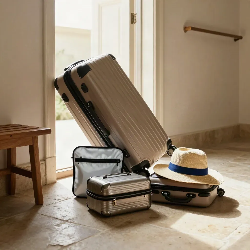Packed suitcase and vaccine pouch by an open door, ready for travel.