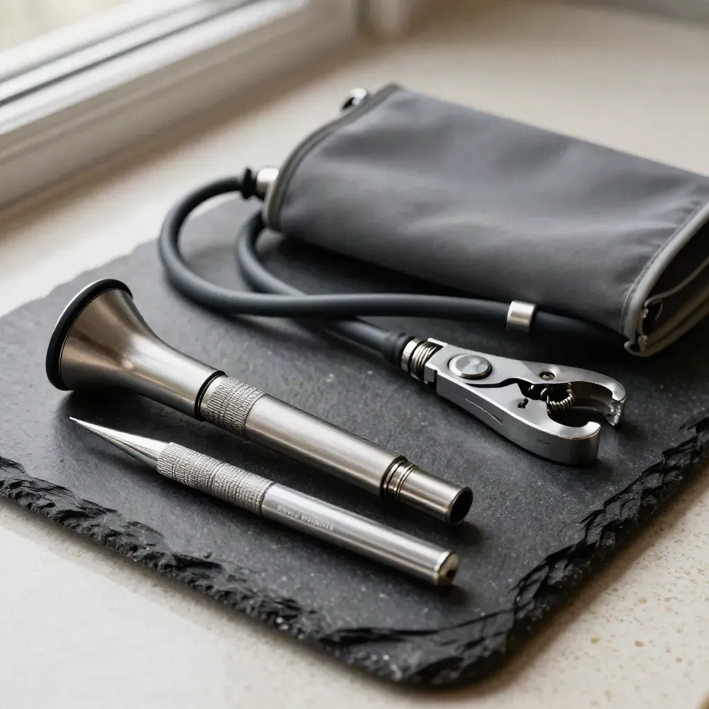 Macro still life of an otoscope, cuff connector, pulse oximeter clip and pen torch on black stone.