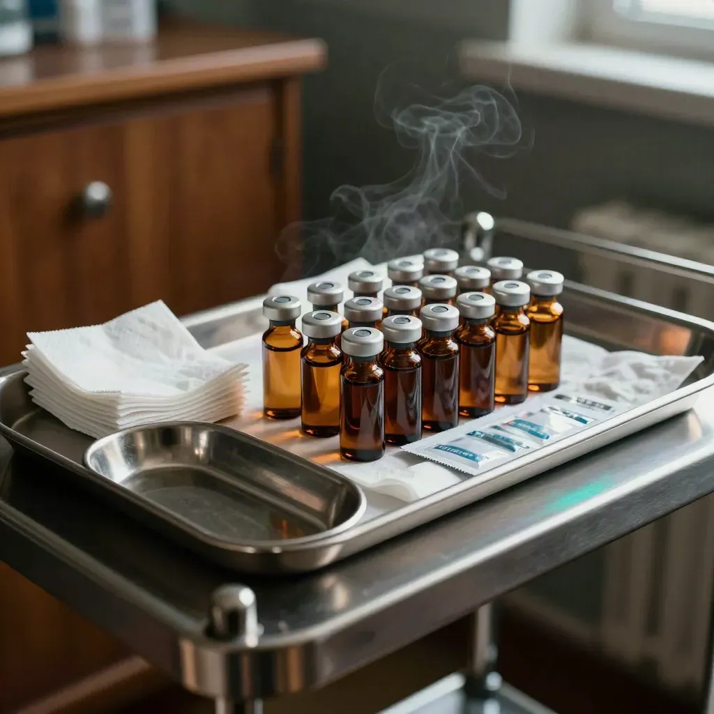 Clinical vaccine tray with amber vials, gauze, swabs and a steel kidney dish in dramatic light.