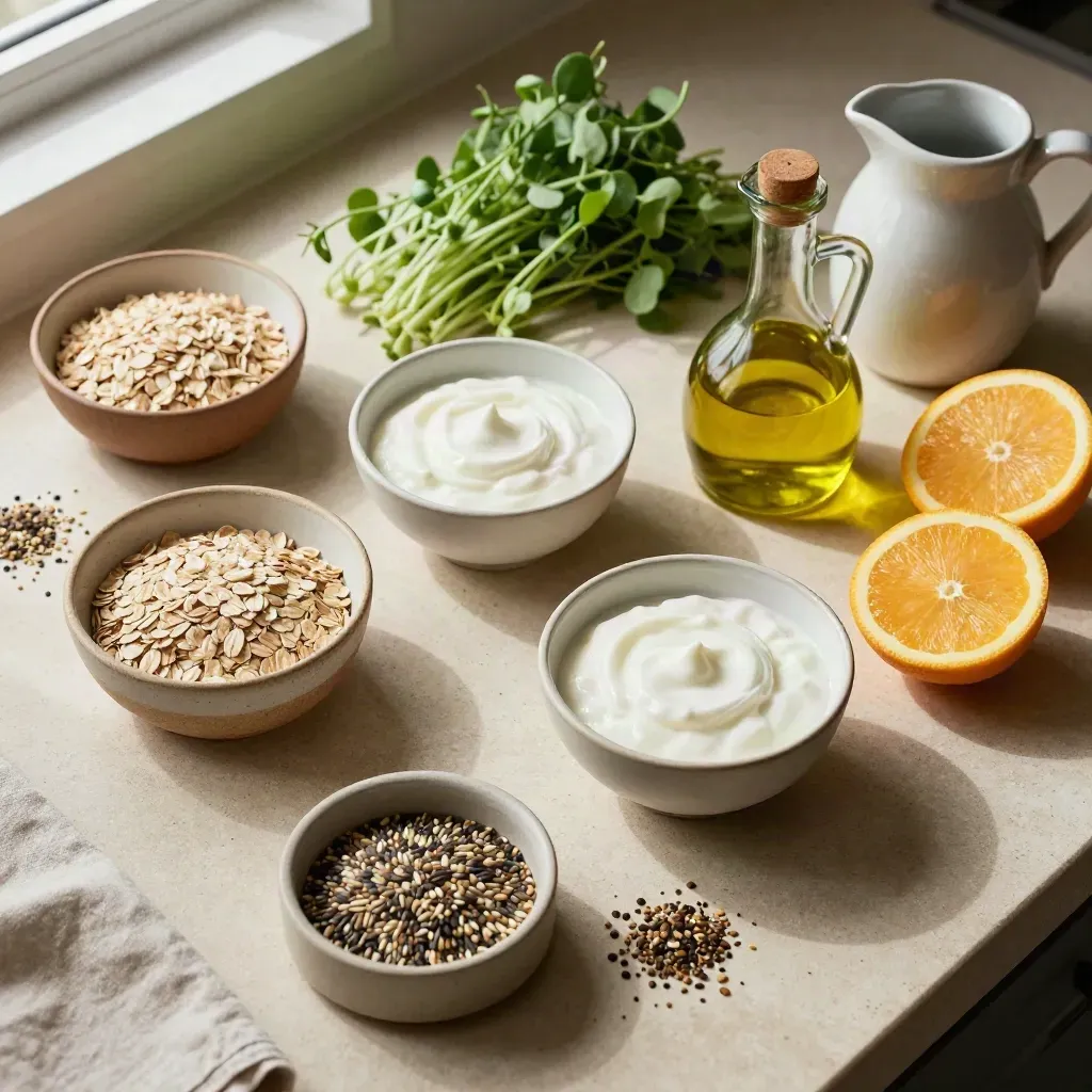 Overhead nutrition prep still life with oats, citrus, greens, yogurt, seeds and olive oil
