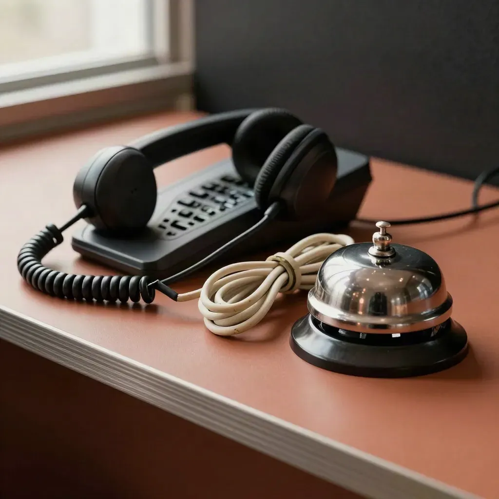 Close-up of a client-care phone cluster with headset, cradle, handset and bell button on terracotta.