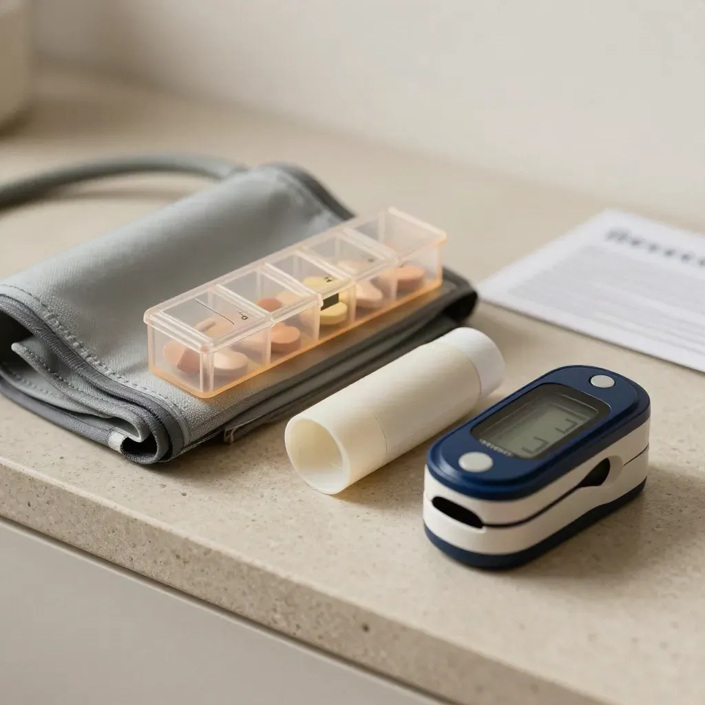 Macro still life of health monitoring tools on a stone desk with soft side light.