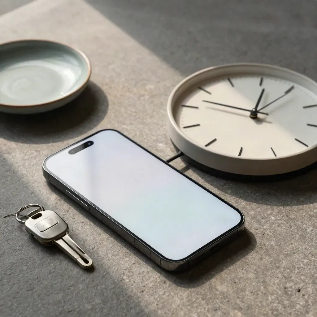 Overhead flatlay of a lit smartphone, key fob, clock, and ceramic dish on cool stone.