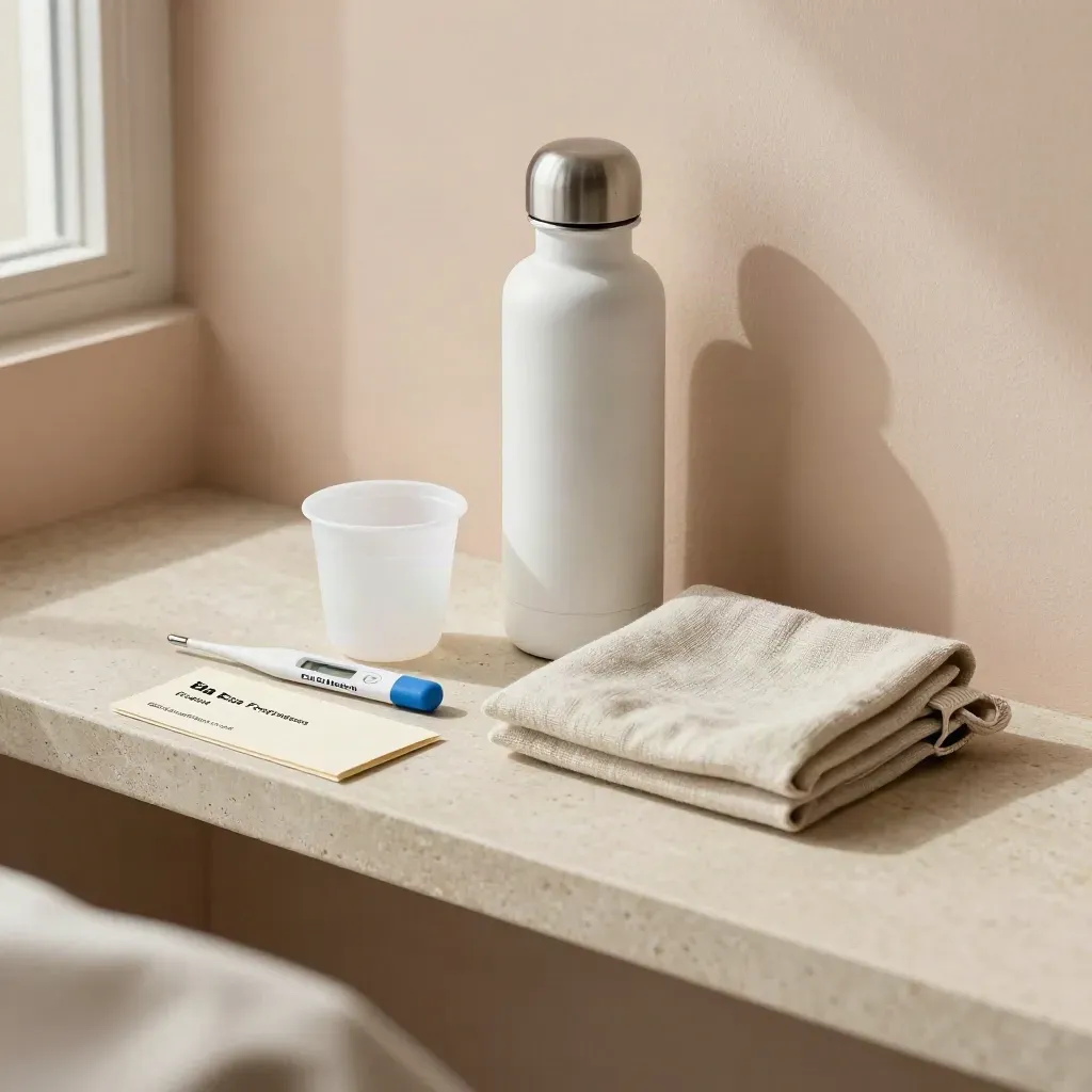 Medical follow-up kit with cup, thermometer, bottle and linen pouch on a pale stone counter.