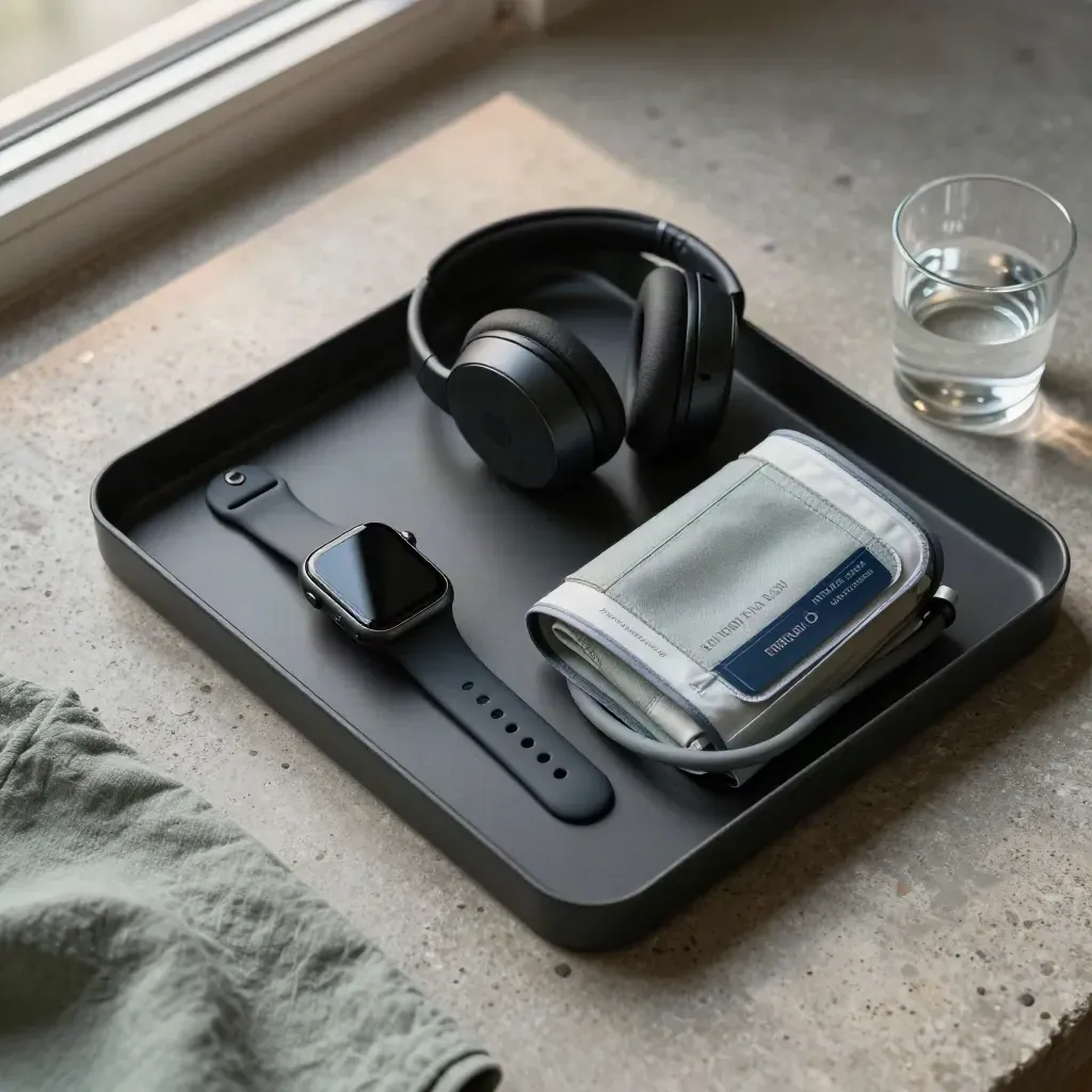 Overhead still life of a smartwatch dock, headset, blood-pressure cuff and water on stone