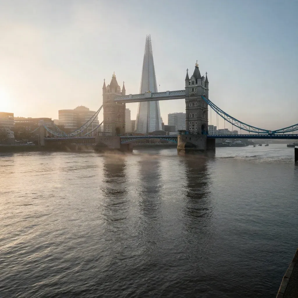 The Thames at dawn with the Shard and Tower Bridge in mist above calm water.