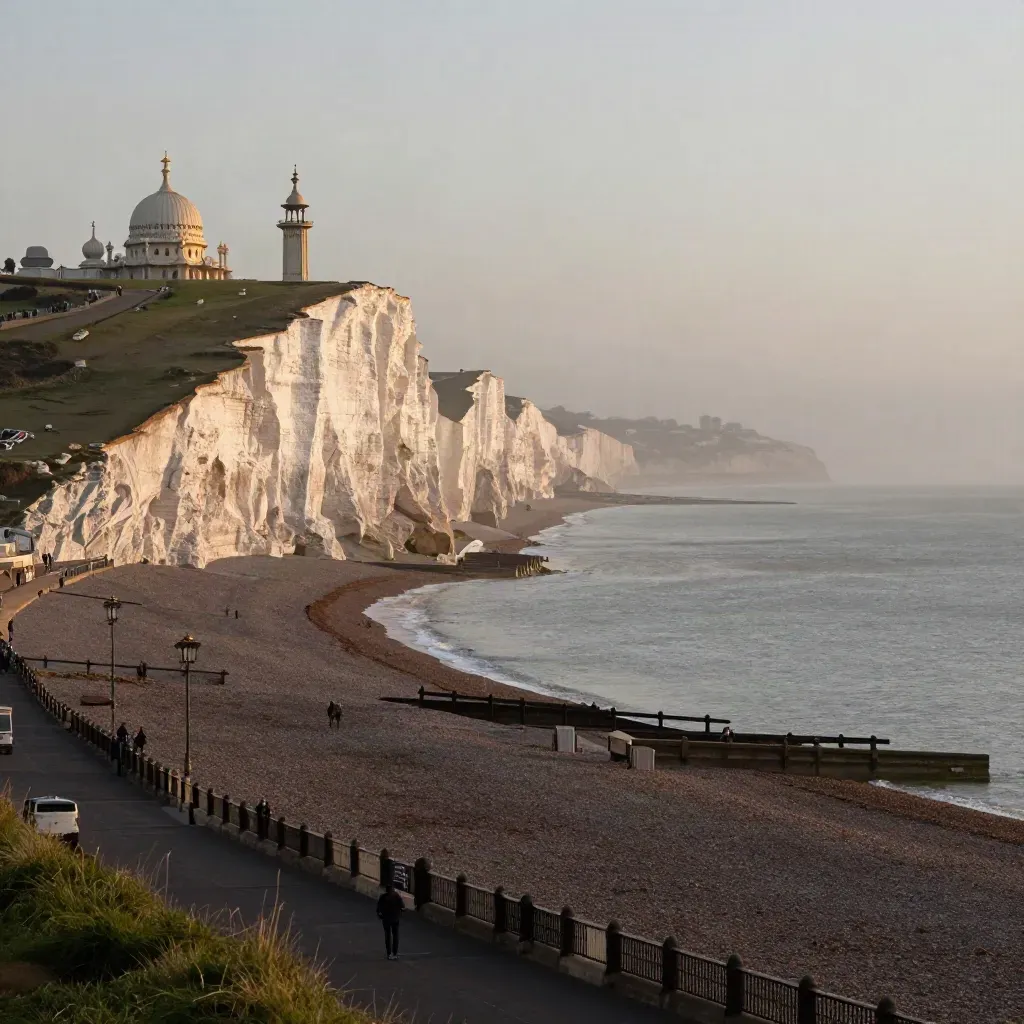 Brighton cliffs and Royal Pavilion roofline in warm golden haze above calm sea and shingle