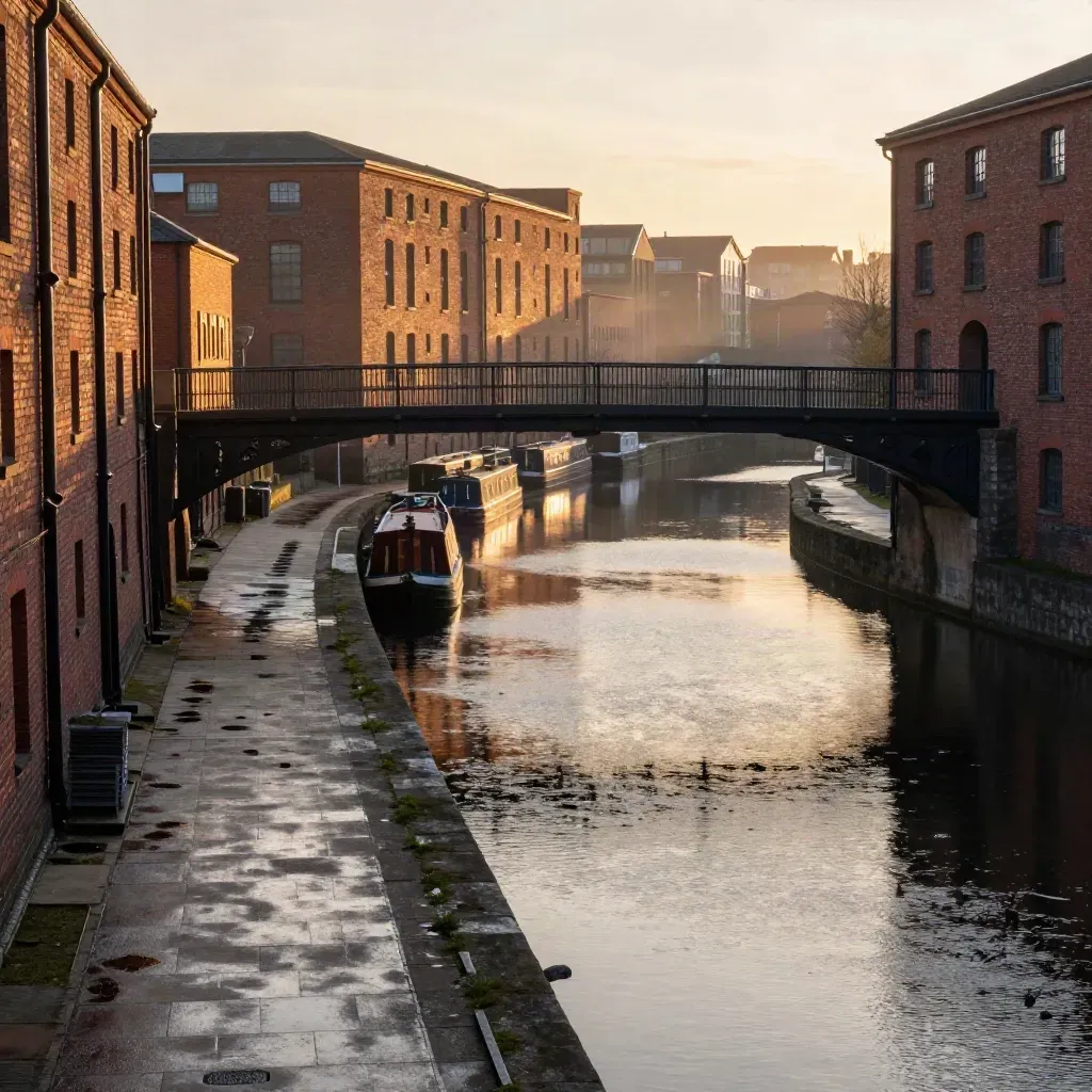 Birmingham canal basins with red-brick warehouses and misty water at sunset.
