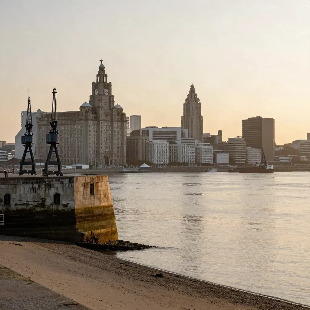 Liverpool waterfront skyline above calm Mersey water in warm haze